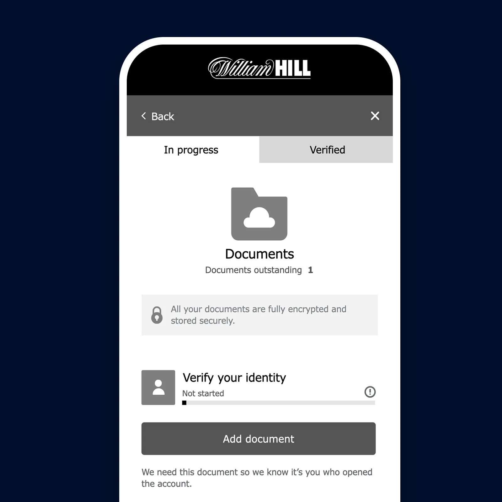 William Hill document upload screen