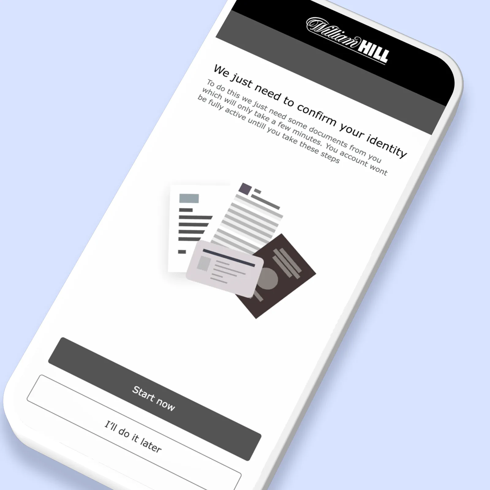 William Hill identity verification screen