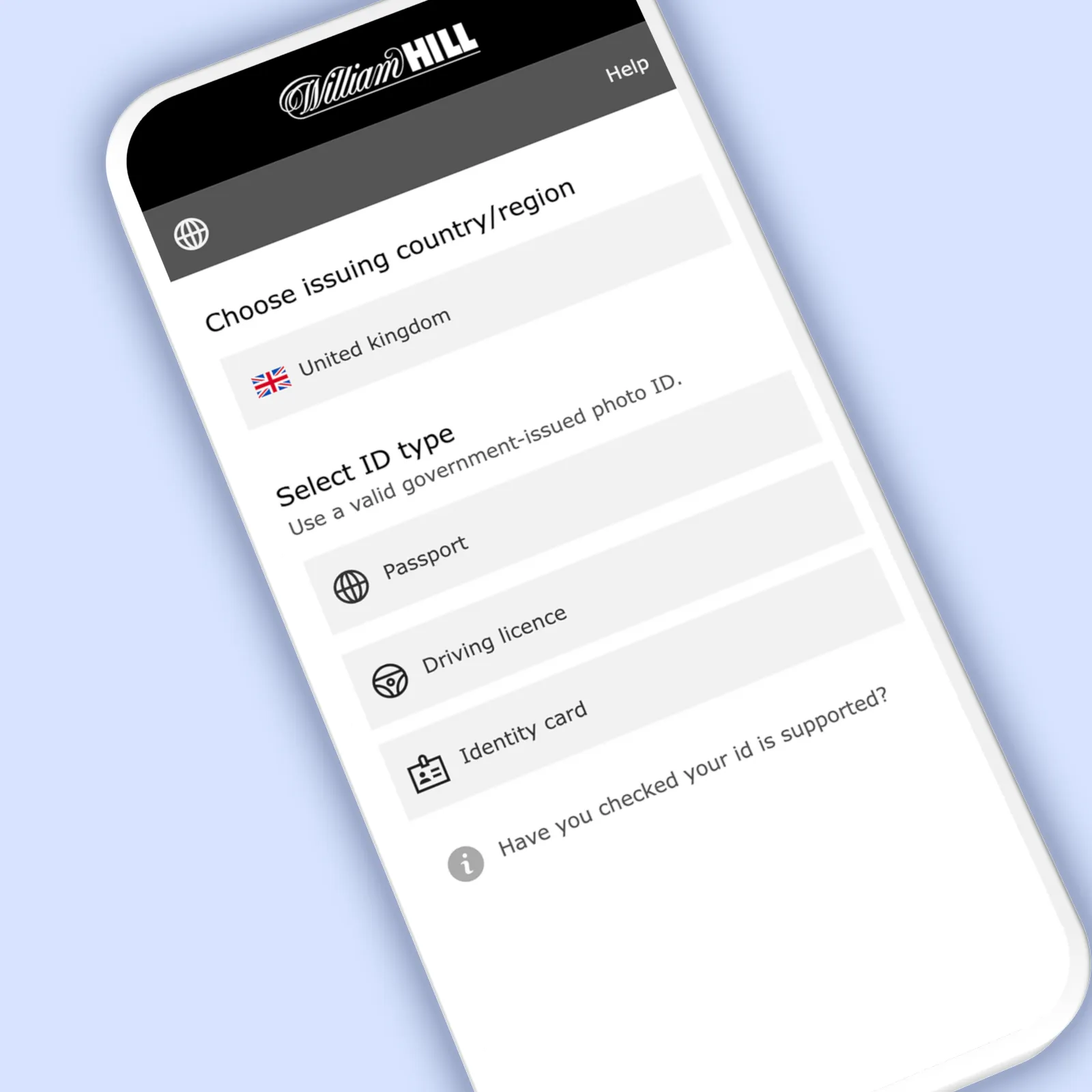 William Hill ID verification screen