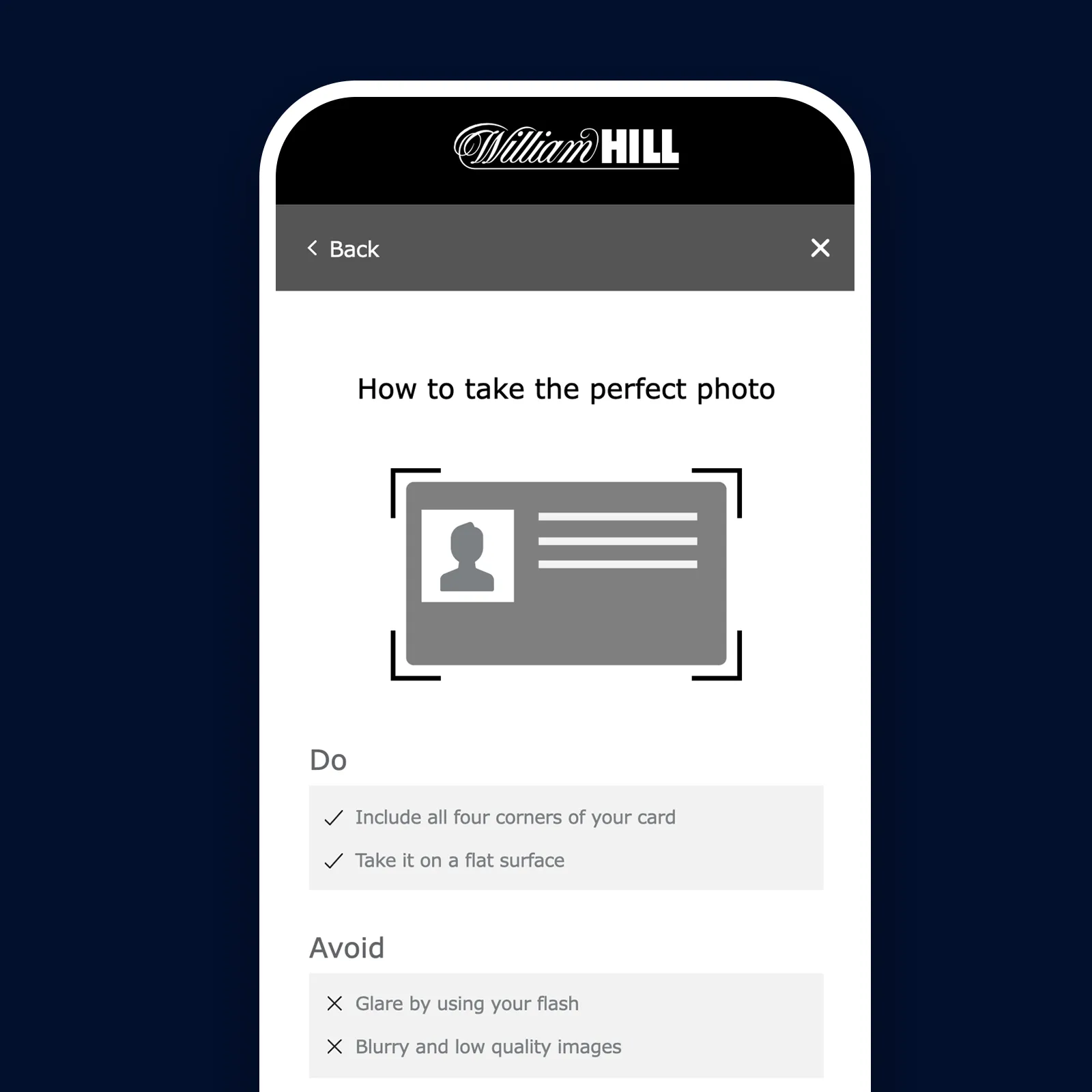 William Hill selfie verification screen